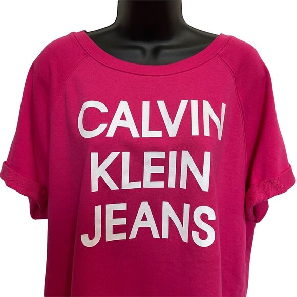 Calvin Klein Jeans Spell-Out Cropped Hot Pink Lightweight Sweatshirt Top XXL - Picture 2 of 10